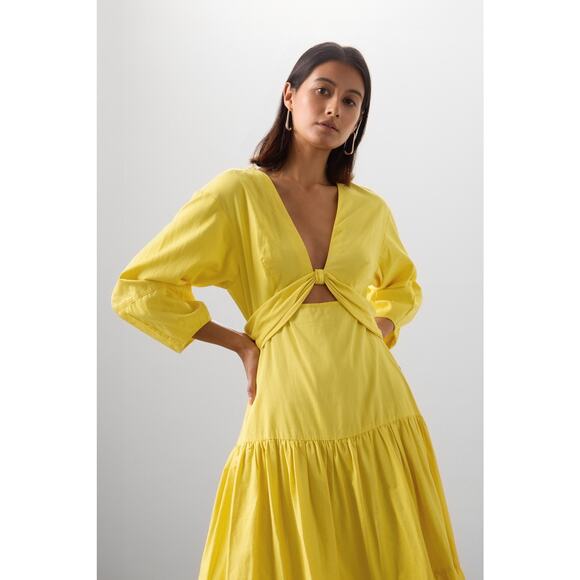 DEREK LAM COLLECTIVE Yellow V-Neck Hourglass Twist Front Tiered Mini Dress 36 - Picture 3 of 16
